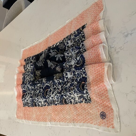 Tory Burch Inspired Lightweight Nature Print Viscose Blend Scarf Navy Peach OS - Picture 6 of 12